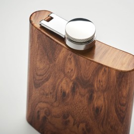 Stainless Steel Hip Flask Leak-Proof Sustainable Hip Flask Shot Bottle 90% Recycled Stainless Steel 190 ml in Wood Look with Fixed Screw Cap for Outdoor Hiking Skiing