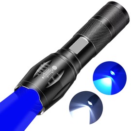 HYVCZP Rechargeable 2 in 1 Blue Flashlight, LED Flashlight with White & Blue Light, Adjustable Focus, Waterproof, Up to 500 Lumens, 10 Hour Runtime