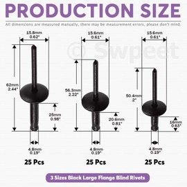 Swpeet S1966 120Pcs 3/16 inch x 3/8 inch / 4/5 inch / 1 inch All Black Large Flange Aluminum Blind Rivets Kit, Silver Pop Rivets Open End Type Pop Rivet for Indoor and Outdoor Use