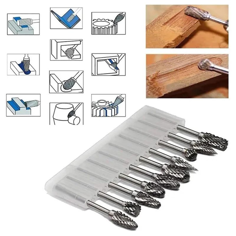 10 Pieces Carbide Burr Set, 1/8 Inch Shank Tungsten Carbide