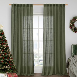 LAMIT Olive Green Linen Curtains for Living Room 84 inch Length 2 Panels, Light Filtering Semi Sheer Panels Back Tab and Rod Pocket Christmas Panels for Bedroom/Sliding Glass Door, 52 x 84 Inch