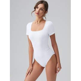 OQQ Women Bodysuits Ruched Short Sleeve Square Neck Stretch Lounge Travel Bodysuits White