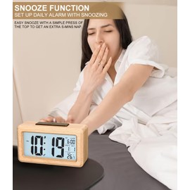 Exyvox Digital Alarm Clock, Wooden Alarm Clock with Sensor Modules, Table Clock with Large Display, Date, Temperature Display, Night Light, Digital Clock with Snooze Modules, for Bedroom, Bed, Home