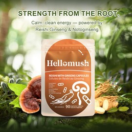 Hellomush Reishi Mushroom Capsules with Ginseng - Orangic Red Reishi Mushroom Powder Extracts for Immune Support, Antioxidant, Energy and Liver Health Support, 90 Vegan Capsules