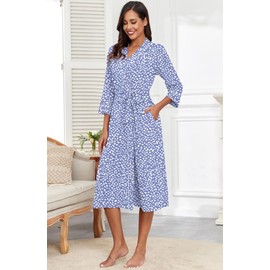 PrinStory Bathrobes Women's Lightweight Kimono Robes 3/4 Sleeves Women's Dressing Gown Long Sleepwear Casual Loungewear Sauna Gown, Spot Blue