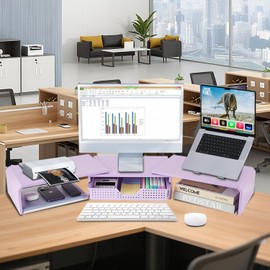 LEKETREE Dual Monitor Stand Riser with Drawer, Desk Organizer and Accessories, Metal Laptop Stand for Desk, Workspace Desktop Stand for Computer, Laptop, TV and More (Purple)