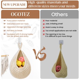 Hanging Fruit Baskets for Kitchen - 3 Pack Boho Wall Hanging Basket with 6 Pcs Strong Hooks, Handwoven Onion Storage Teardrop Home Onion Basket for Fruits Vegetable Potato Kitchen Storage (White)