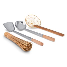Craft Wok Tools 4 pcs Set: Ladle, Spatula, Strainer, Bamboo Brush/Utensils Traditional Asian Cookware with Wooden Handles / 732W9