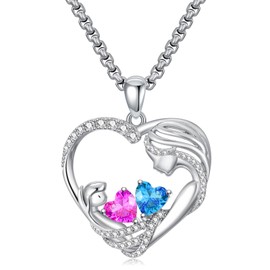 Pink Tourmaline and Blue Topaz Necklaces for Mom Mother and Daughter October and December Birthstone Pendant Necklace Heart Jewelry Anniversary Valentine Mothers Day Christmas Birthday Gifts for Women Mother Grandma From Daughter