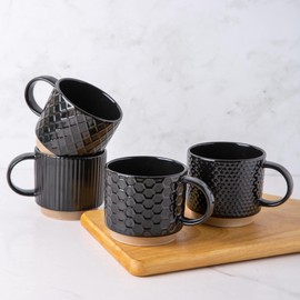 GBHOME 15OZ Stackable Coffee Mugs, Ceramic Coffee Mugs with Texture Patterns for Man,Woman,Dad,Mom, Modern Coffee Mugs Set of 4 for Latte/Cappuccino/Cocoa. Dishwasher&Microwave Safe，Black
