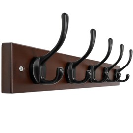 Dseap Wall Mounted Coat Rack: 16" Hole to Hole, Coat Hook Hanger with 5 Metal Hooks for Hanging Coats Towels Hats Clothes,Light Walnult