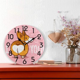 Naanle Cute Cartoon Welsh Corgi Dog Butt Heart Round Wall Clock Decorative, 9.5 Inch Battery Operated Quartz Analog Quiet Desk Clock for Home,Office,School(Pink)