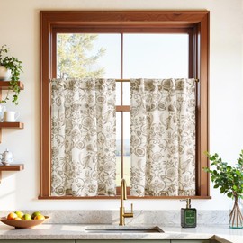 jinchan Small Window Curtains 30 Inch Linen Floral Curtain Set for Kitchen Bathroom Cafe Curtains Light Filtering Window Treatment Farmhouse Cottagecore Back Tab Drapes 2 Panels Taupe on Beige