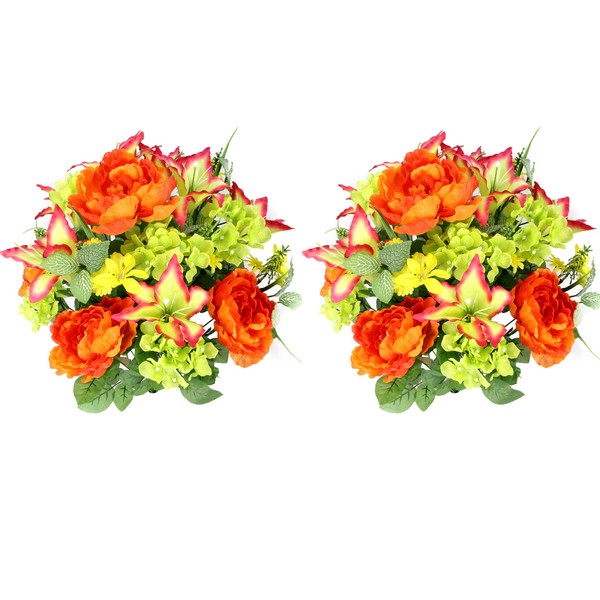 Admired By Nature 2 Pc of 24 Stems Spring Bush Artificial Hydrangea Flowers, Tiger Lily, Peony Bush Foliage Cemetery Grave Home Office Wedding Floral Arrangements Decor, Yellow Orange Beauty Kiwi