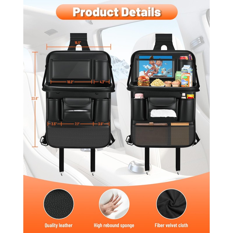 2 Pack Leather Car Backseat Organizer with Foldable Table Tray,