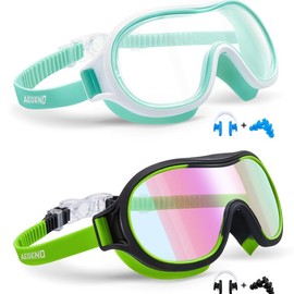 Aegend 2 Pack Swim Goggles for Kids, Big Frame Anti-Fog Anti-UV Wide Vision Clear vision Waterproof, No leak large frame for Boys Girls - Color: Black-green & Light Green