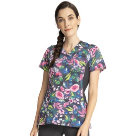 Cherokee iFlex Women Scrubs Top Mock Wrap Knit Panel Print CK642, XS, Watercolor Petals