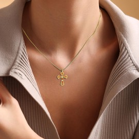 Fohufo Christian Gifts for Women - 14K Gold Plated Cross Birthstone Necklace, Faith Baptism gifts Jewelry Gift