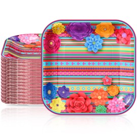 FillTouch 60 Pcs Mexican Paper Plates 9 Inch Square Fiesta Paper Plates Disposable Colorful Floral Taco Party Plates for Mexican Theme Taco Tuesday Birthday Party Supplies Decoration (Striped Flower)
