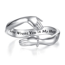 Vito 925 Sterling Silver Hug Ring for Women Men, Adjustable Open Cuff Ring Inspirational Hope Love Friendship Promise Jewelry Gift for Mom Wife Daughter