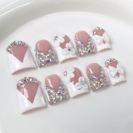 Handmade Press on Nails Rhinestone French Tip Fake Nails Muti-Layer Gel Short Duck False Nail with Luxury 3D White Flower Bow Design Full Cover Thicked Acrylic Nail Stick on Nail for Women (M)