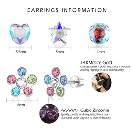 VYYU 4 Pairs of Cute Earrings for Girls Women - Heart/Star/Flower Hypoallergenic Earrings with Screwback Back, Shiny Cubic Zirconia Studs Girls Jewellery Christmas Birthday Gifts for Kids