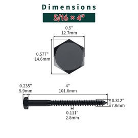 5/16 x 4 Black Hex Head Lag Screws Bolts (10 pcs), 304 Stainless Steel 18/8, Black Oxide Coated, Partial Thread, Deck Screws, Heavy Duty Hex Head Wood Lag Screws, Fayeploo
