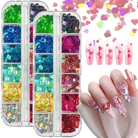 Nail Glitter Nail Parts, 12 Colors, Glitter Heart, Set of 2 Boxes, Nail Sequins, Heart Shape, Glossy, Hair Ornament, Facial, DIY, Decoration, Christmas, Nail Art Supplies, 2 Types of 0.1 inch (3 mm/4