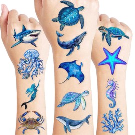 MeoIsDaBest 60 Tatuajes Temporales Precortados De Animales Marinos Para Fiestas De Cumpleaños Temáticas. Incluyen Tiburón, Tortuga Marina, Ballena Y Pez. Ideales Para Niños Y Niñas.