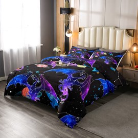 Feelyou Galaxy Dragon Bedding Set Outer Space Starry Sky Comforter Set for Kids Boys Girls Jungle Animals Dragon Comforter Colorful Decor Quilt Set Bedroom Collection 3Pcs Queen Size