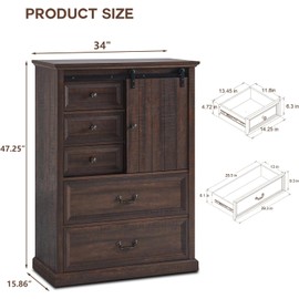 IFGET Farmhouse 5 Drawers Dresser for Bedroom, 47" Tall Chest of Drawers w/Sliding Barn Door, Rustic Wood Dressers Organizer w/Adjustable Shelves for Bedroom, Living Room, Hallway, Kitchen, Brown