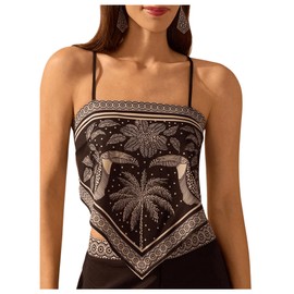 SHENHE Women's Tropical Print Bandana Top Tie Back Spaghetti Strap Boho Camisole Top Black and White Small