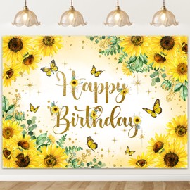 Mocsicka Sunflower Happy Birthday Backdrop Butterfly Sunflowers Gold Dots Birthday Background for Yellow Sunflower Girls Women Birthday Party Decoration Photo Booth Props (6x4ft)