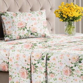 Floral Sheets - Pink Floral Rose Bed Sheet Set - 1 Flat, 1 Fitted & 1 Pillowcase w/ Deep Pockets - Comfy, Wrinkle & Fade-Free Boho Botanical Bedding - Soft, Breathable & Cooling - New Twin Size