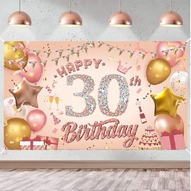 Happy 30th Birthday Banner Rose Gold Birthday Party Decoration Backdrop, 30th Birthday Poster Fabric Banner Photography Background for Girls Women, 110 x 180 cm (30th)