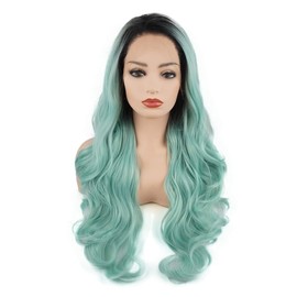 Meiyite Hair Wavy Long 26inch Dark Root Light Blue Ombre Heavy Density Realistic Synthetic Lace Front Wigs