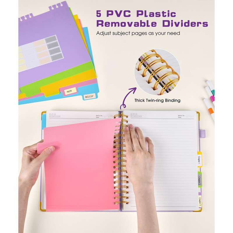 Hardcover Spiral Notebook journal with Removable Dividers Tabs, 300 Pages