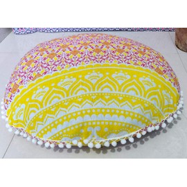 24" Yellow Orange Ombre Mandala Barmeri Large Floor Pillow Cover Cushion Meditation Seating Ottoman Throw Cover Hippie Decorative Zipped Bohemian Pouf Ottoman Pom Pom Cases 24 " round