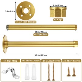 JMIATRY 6PCS Gold Pipe Shelf Brackets 12 Inches Gold Pipe Clothes Bars 12 inch Golden Closet Rods for Hanging Clothes Garment Rack Brackets Wall Shelves Brackets for Garment Rack Vintage Furniture