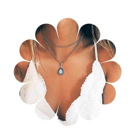 Cimenexe Bohemian Teardrop Moonstone Choker Necklace Silver Opal Pendant Necklace Water Drop Gemstone Necklace Layered Teardrop Moonstone Necklace Chain Jewelry for Women and Girls Gifts