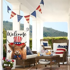 Welcome 4th of July Garden Flags 12x18 Inch Double Sided, Patriotic Hignland Cow Small Summer Decoration for Farmhouse Holiday Yard Independence Day, Memorial Day Outdoor Decor