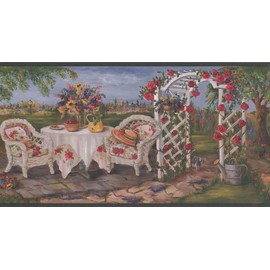 CONCORD WALLCOVERINGS ™ Classic Garden Wallpaper Border Featuring Table and Chair Beside Alcove, Colors Green Blue White Red, Size 10.25 Inches by 15 Feet WE670B