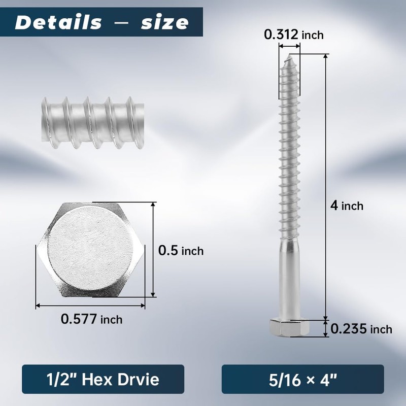 10 Sets 5/16 x 4 Stainless Steel Hex Head Lag
