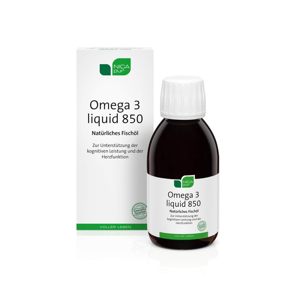 NICApur Omega 3 liquid 850, natural fish oil, with docosahexaenoic acid (DHA) and eicosapentaenoic acid (EPA), pure substance without additives, 150 ml, 10324