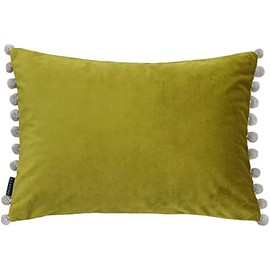 Riva Paoletti Fiesta Rectangular Cushion Cover - Bamboo Green - Natural Beige Pompom Edges - Faux Velvet - Reversible - Zip Closure - 100% Polyester - 35 x 50cm ( 14" x 20" inches)