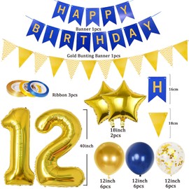 12th Birthday Decorations for Boy Girl, Gold and Blue 12 Year Old Party Decorations with Happy Birthday Banner, Triangle Flags, 40In Number 12 Foil Birthday Balloons, Star Balloons
