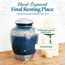GSM Brands Cremation Urn for Adult Human Ashes - Large Handcrafted Funeral Memorial with Striking Blue Design (Aluminum - 10 Inch Height x 7 Inch Width)
