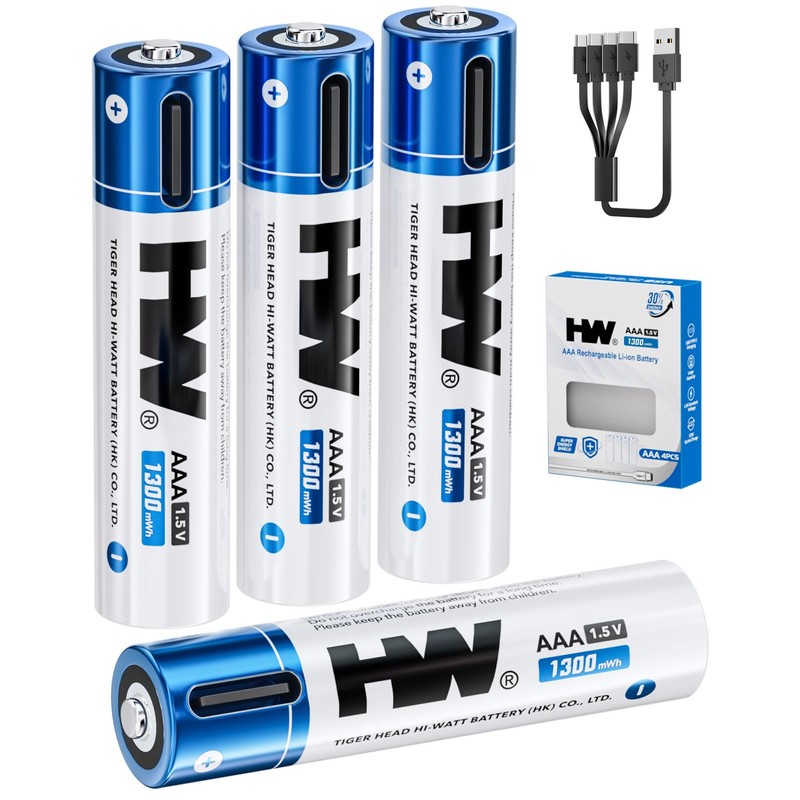 HW USB Rechargeable AAA Batteries, [1.5V, 4-Pack] 1300mWh Lithium Battery