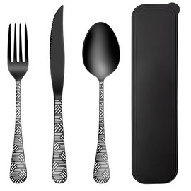 Portable Travel Silverware Set with Case 18/8 Stainless Steel Flatware Sets Include Knife Fork and Spoon with Case Reusable Utensil Set for Lunch Box(Black)