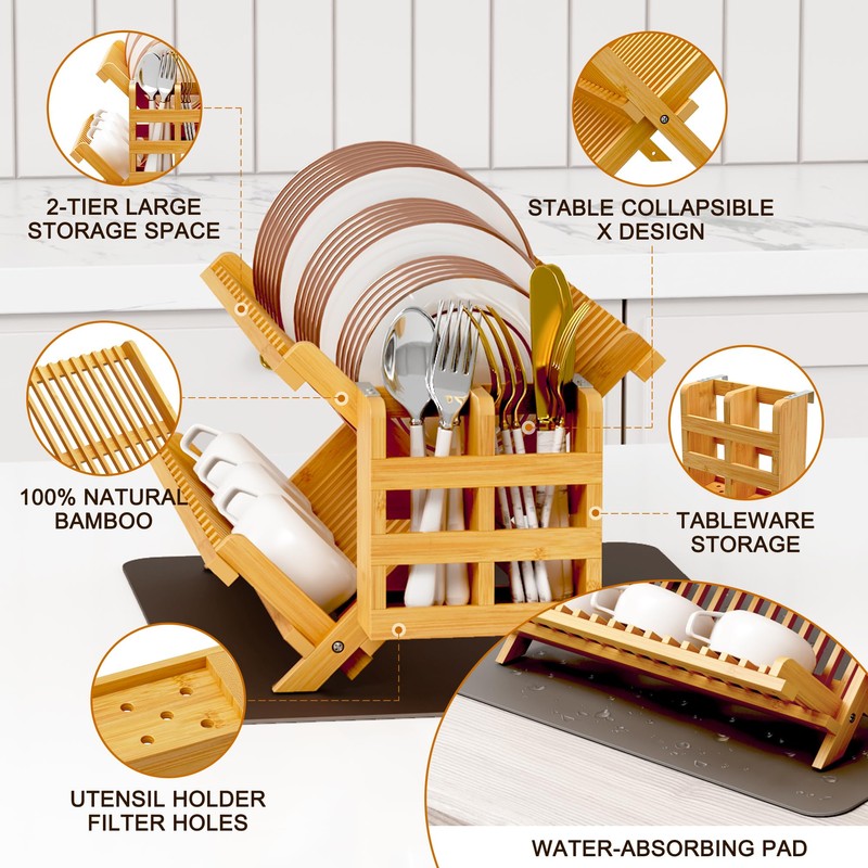 Greenual Bamboo Dish Drying Rack with Utensil Holder, 2 Tier